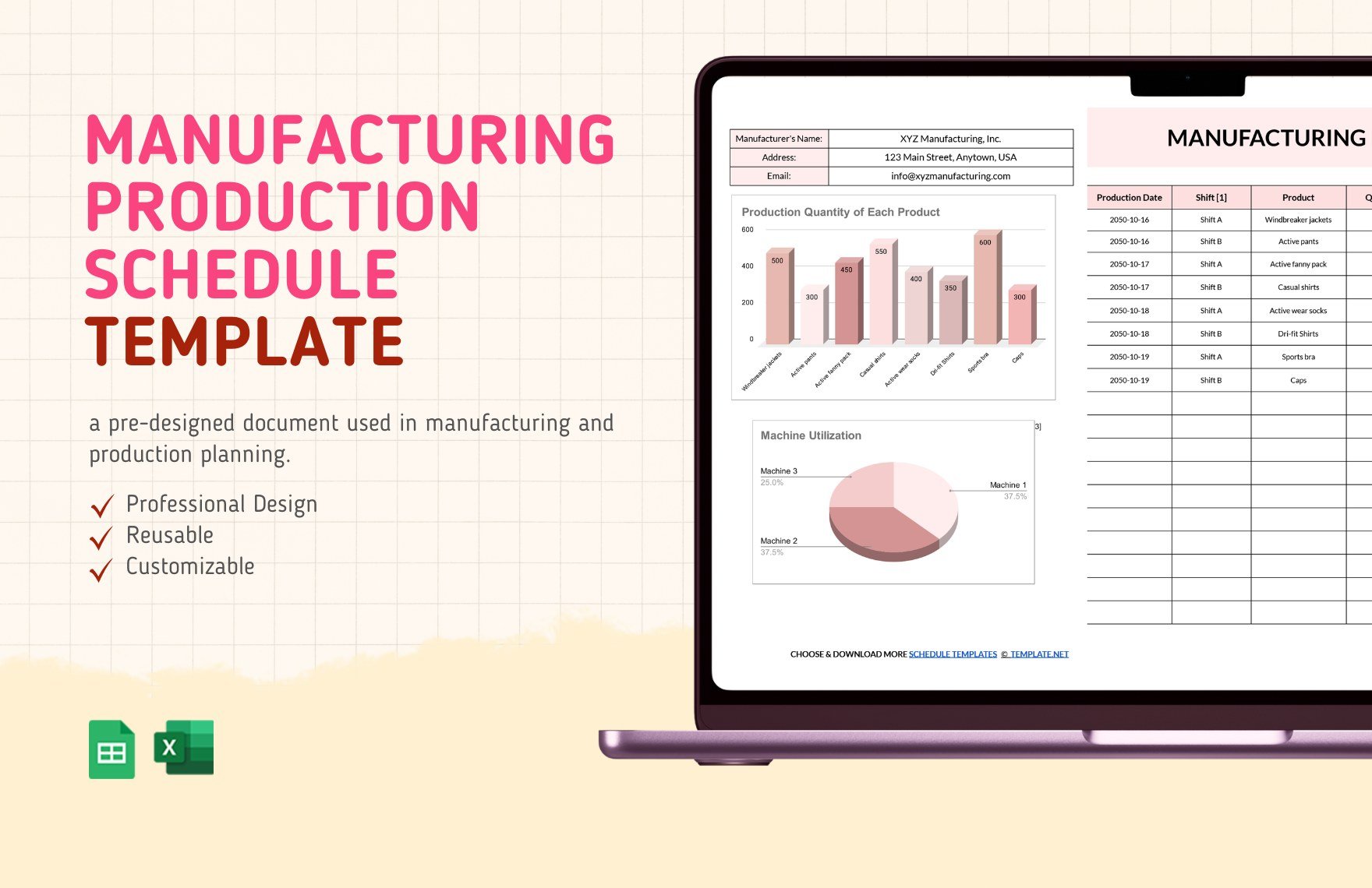 Manufacturing Production Schedule Template in Excel, Google Sheets
