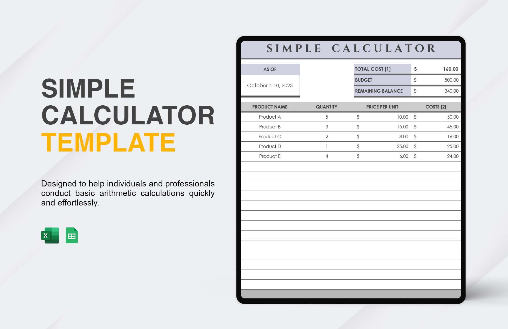 Free Simple Calculator Template in Excel, Google Sheets