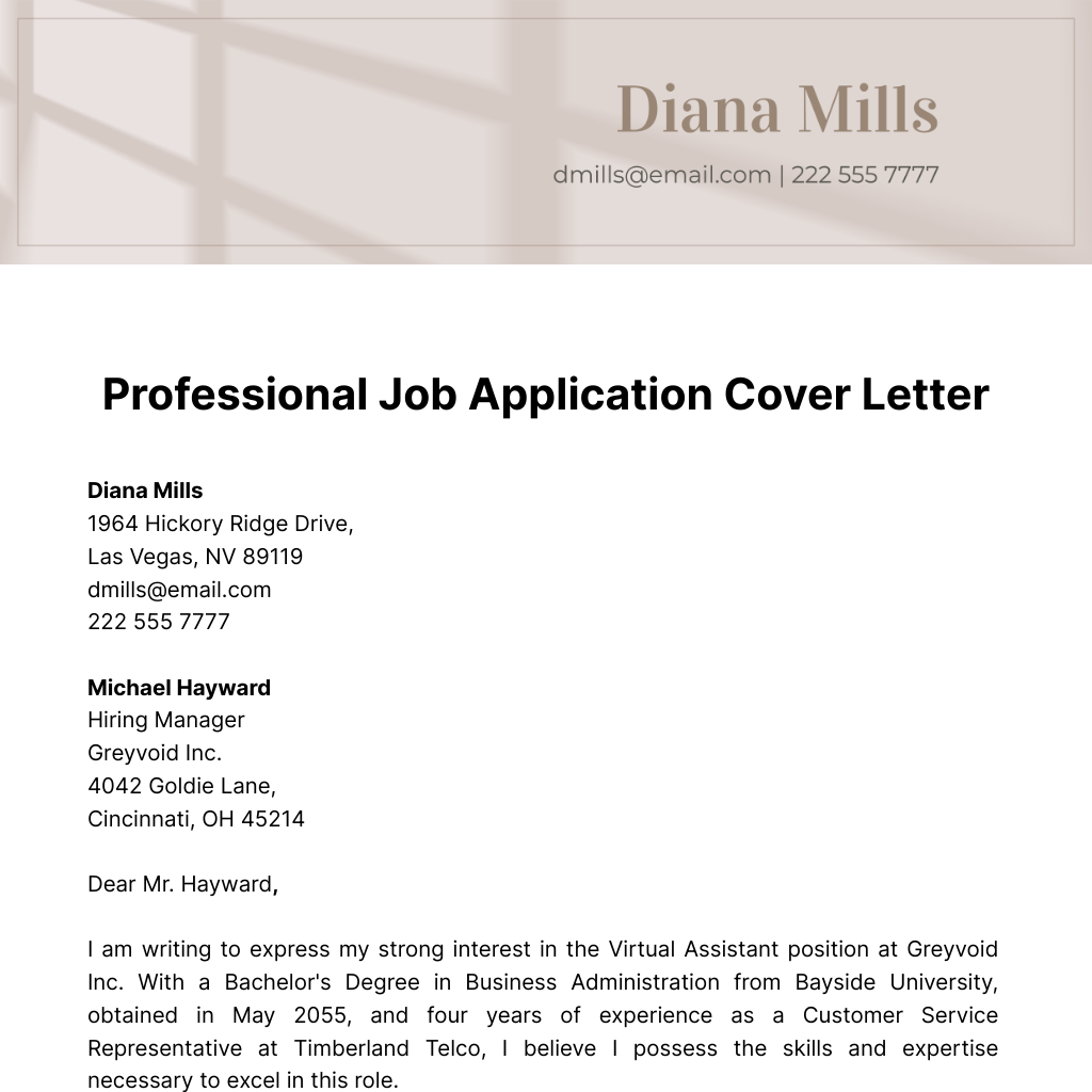 Professional Job Application Cover Letter  Template