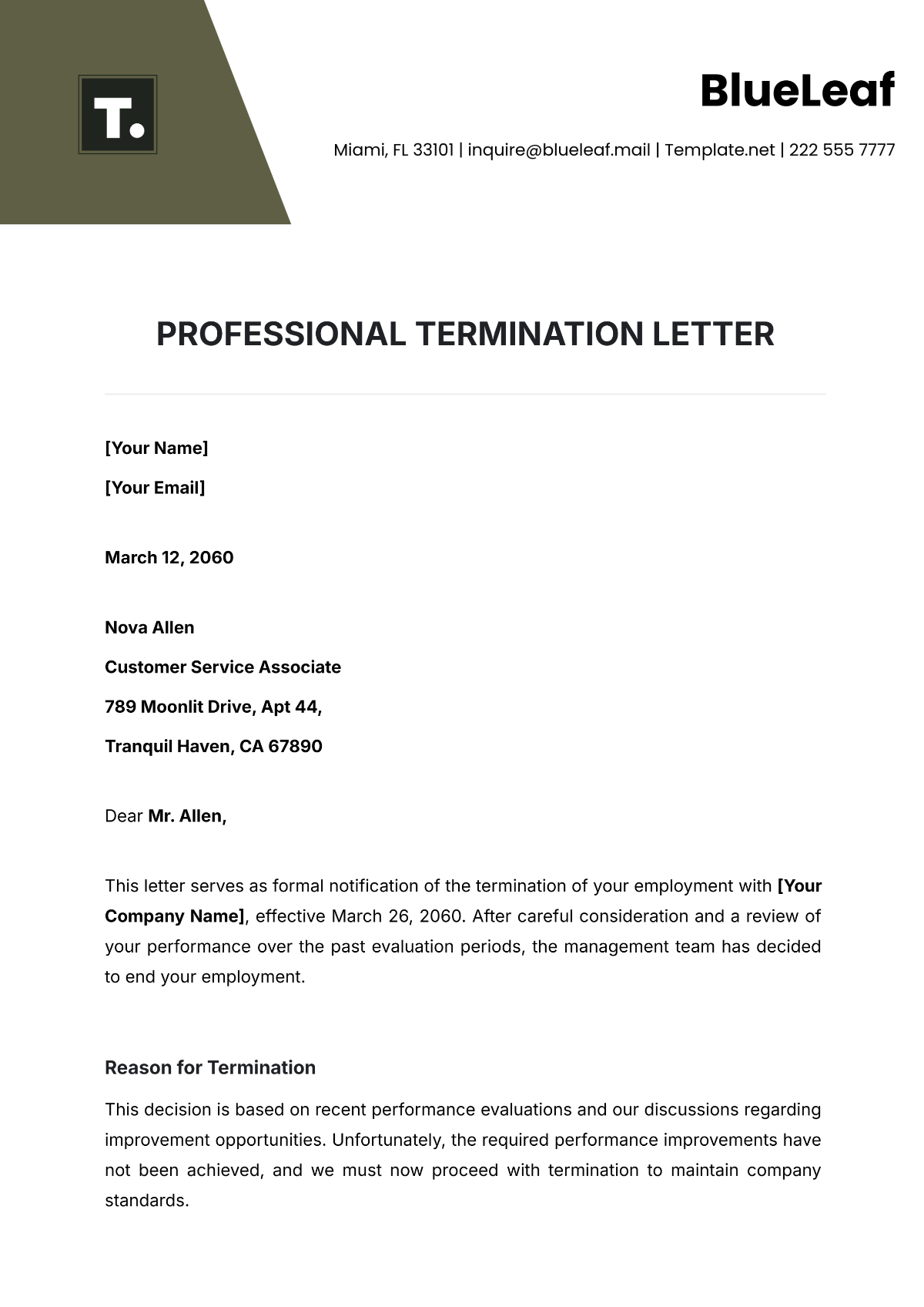 Professional Termination Letter Template - Edit Online & Download