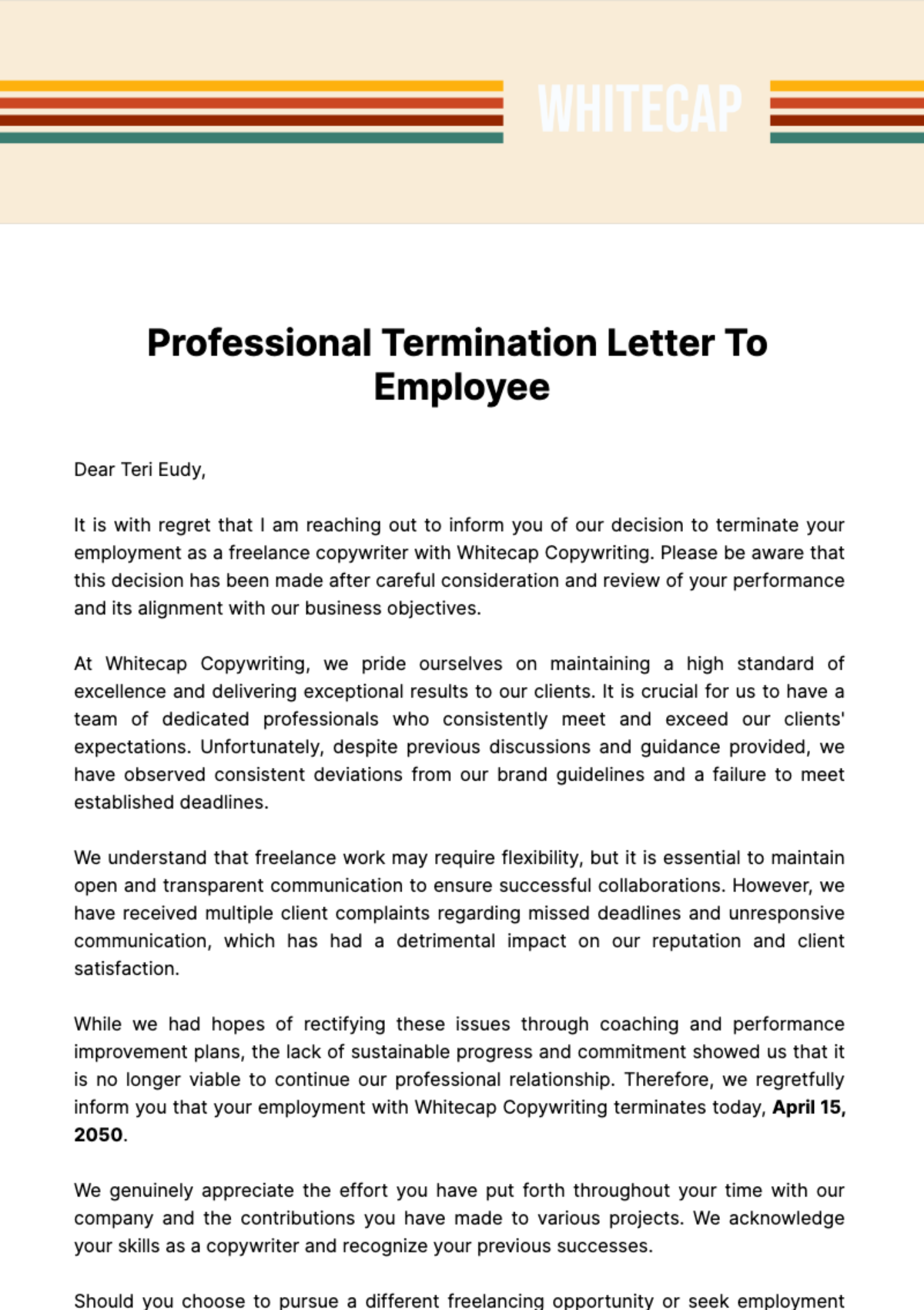 Free Professional Termination Letter to Employee Template