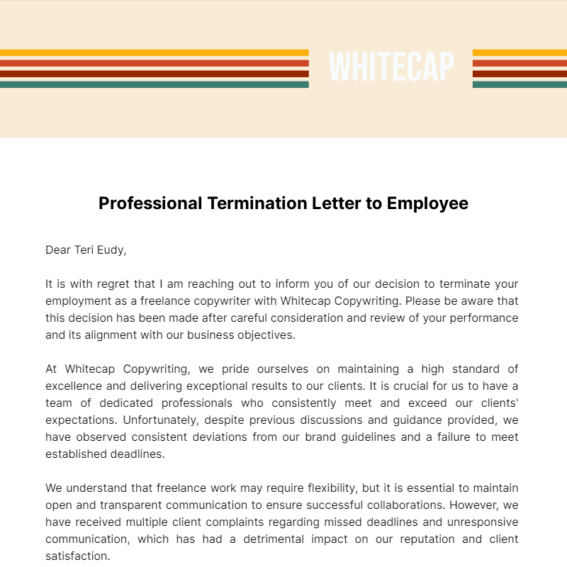 Professional Termination Letter to Employee Template