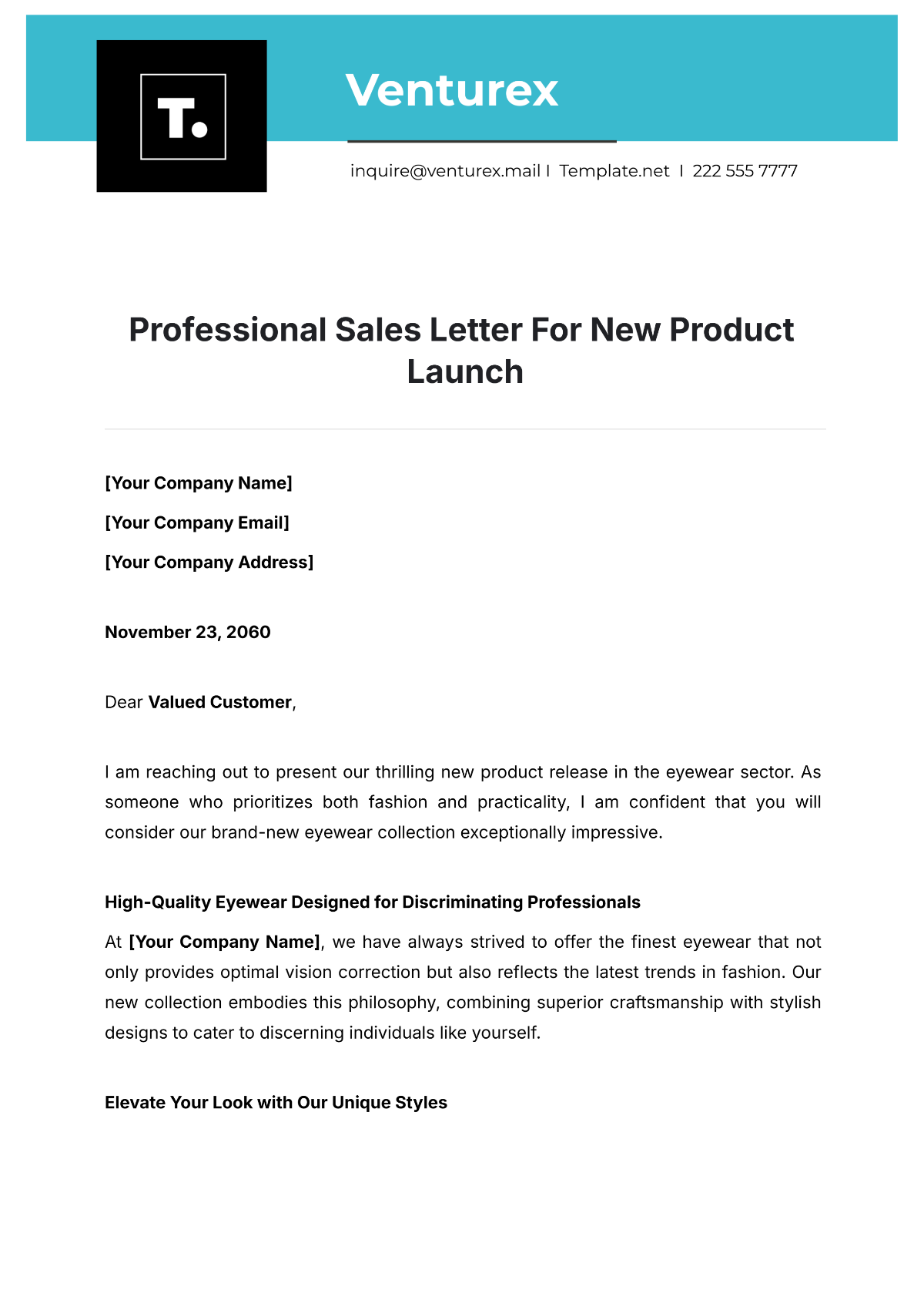 Professional Sales Letter for New Product Launch Template - Edit Online & Download