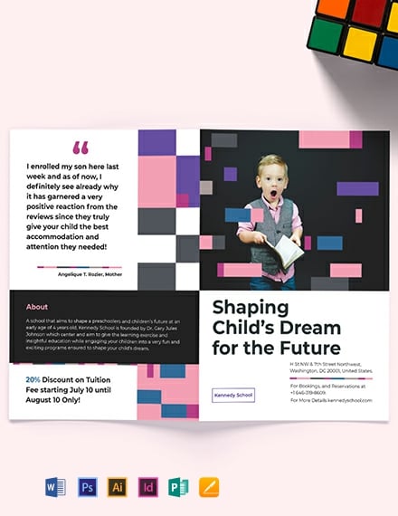 Preschool Promotional Bi-Fold Brochure Template - Illustrator, InDesign, Word, Apple Pages, PSD, Publisher