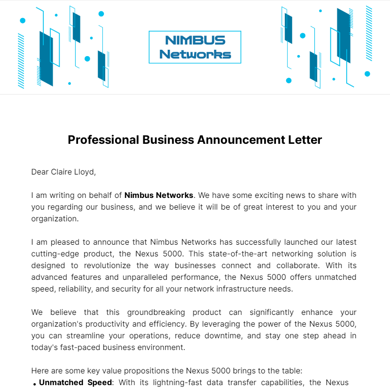 Professional Business Announcement Letter Template