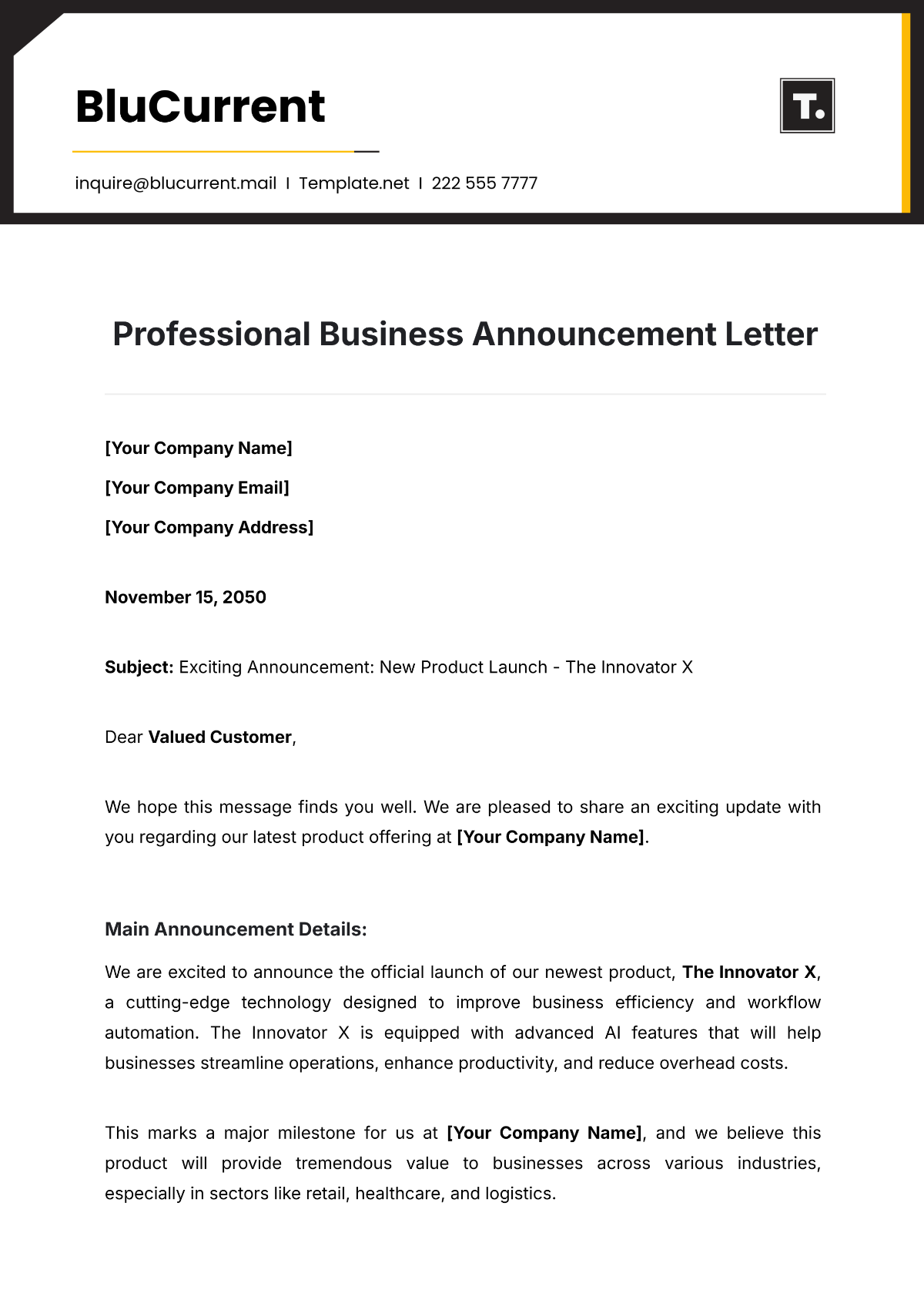 Professional Business Announcement Letter Template - Edit Online & Download