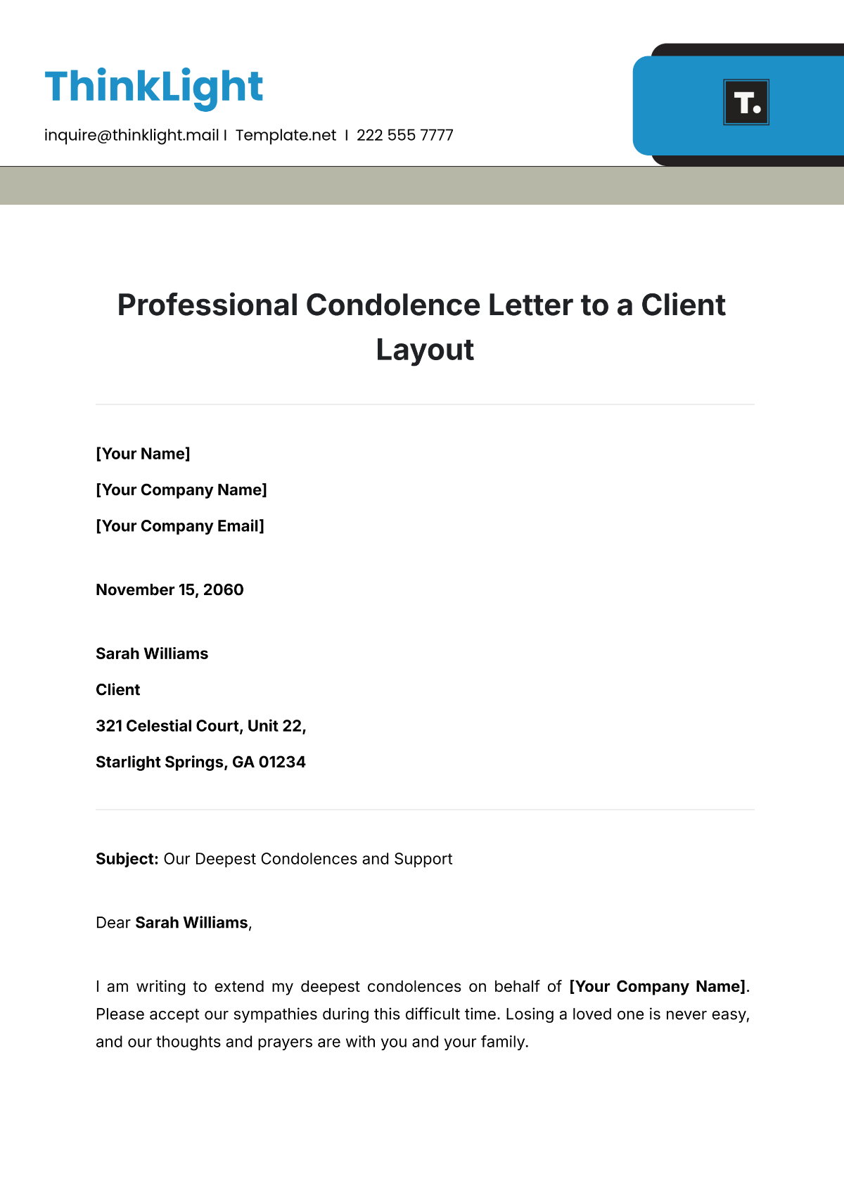 Professional Condolence Letter to a Client Layout Template - Edit Online & Download