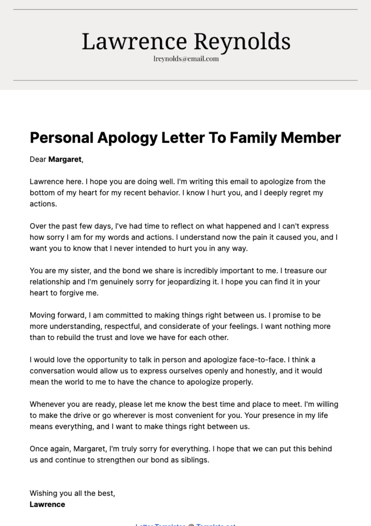 Personal Apology Letter to Family Member  Template