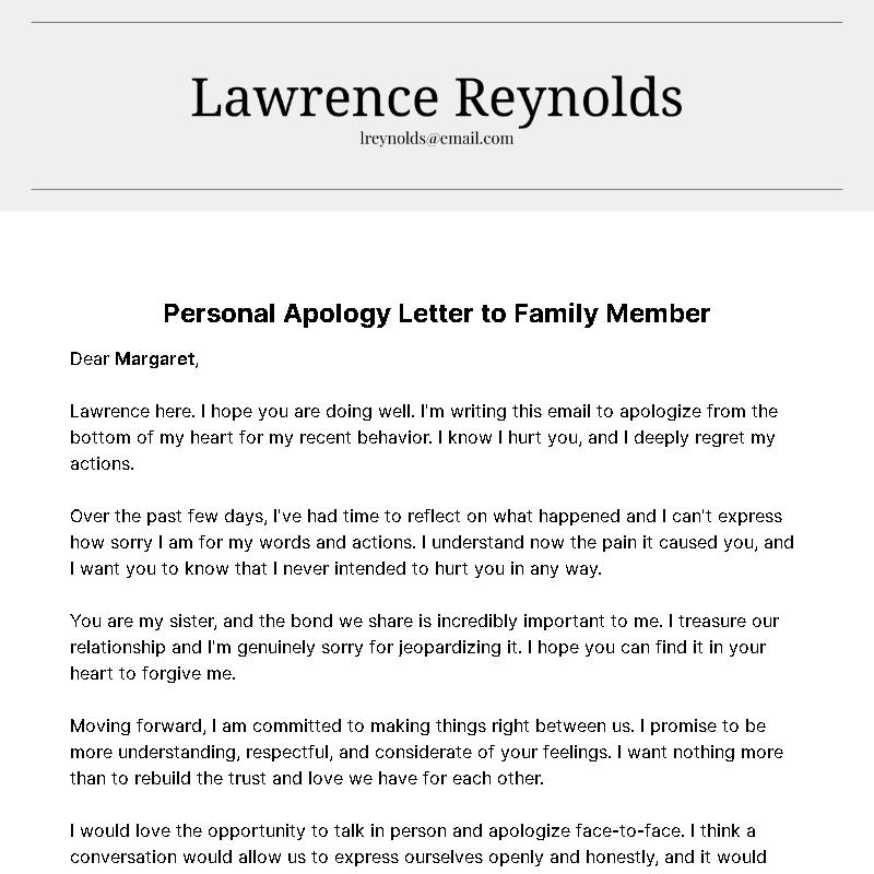 Personal Apology Letter to Family Member  Template
