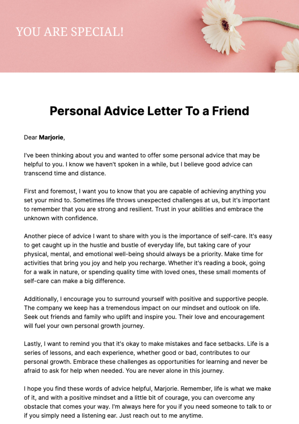Free Personal Advice Letter to a Friend  Template