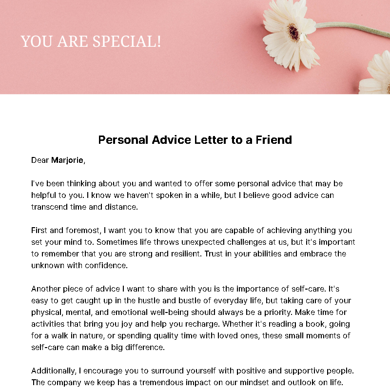 Personal Advice Letter to a Friend  Template
