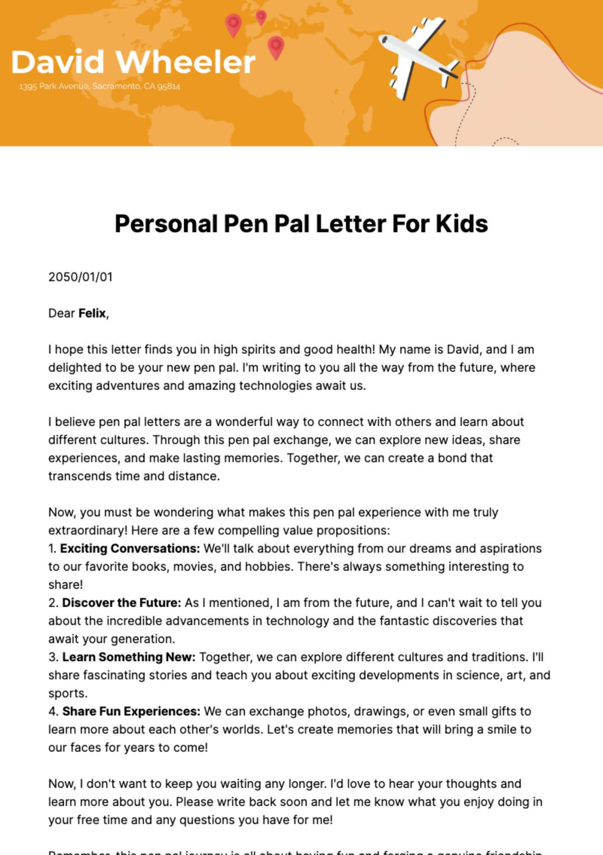 Free Personal Pen Pal Letter for Kids  Template