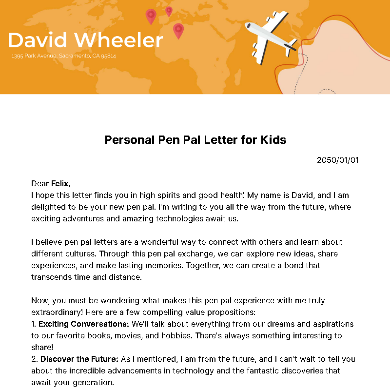 Personal Pen Pal Letter for Kids  Template
