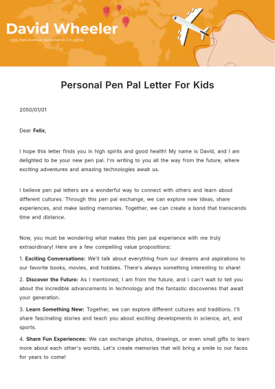 Free Personal Pen Pal Letter for Kids  Template to Edit Online