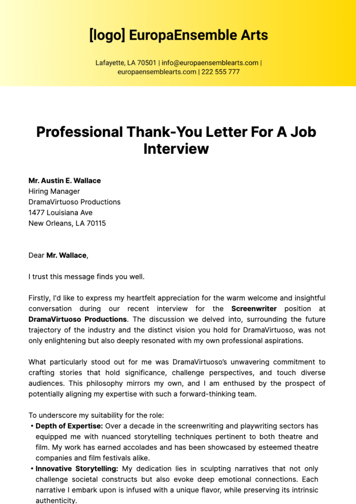 Free Professional Thank-You Letter for a Job Interview Template