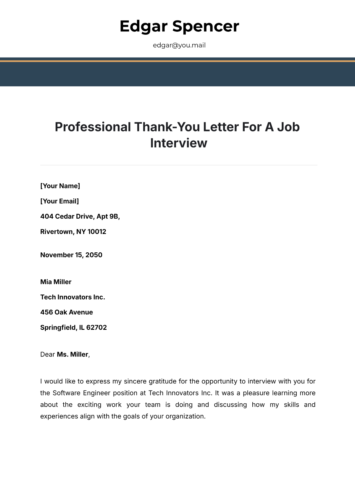 Professional Thank-You Letter for a Job Interview Template - Edit Online & Download