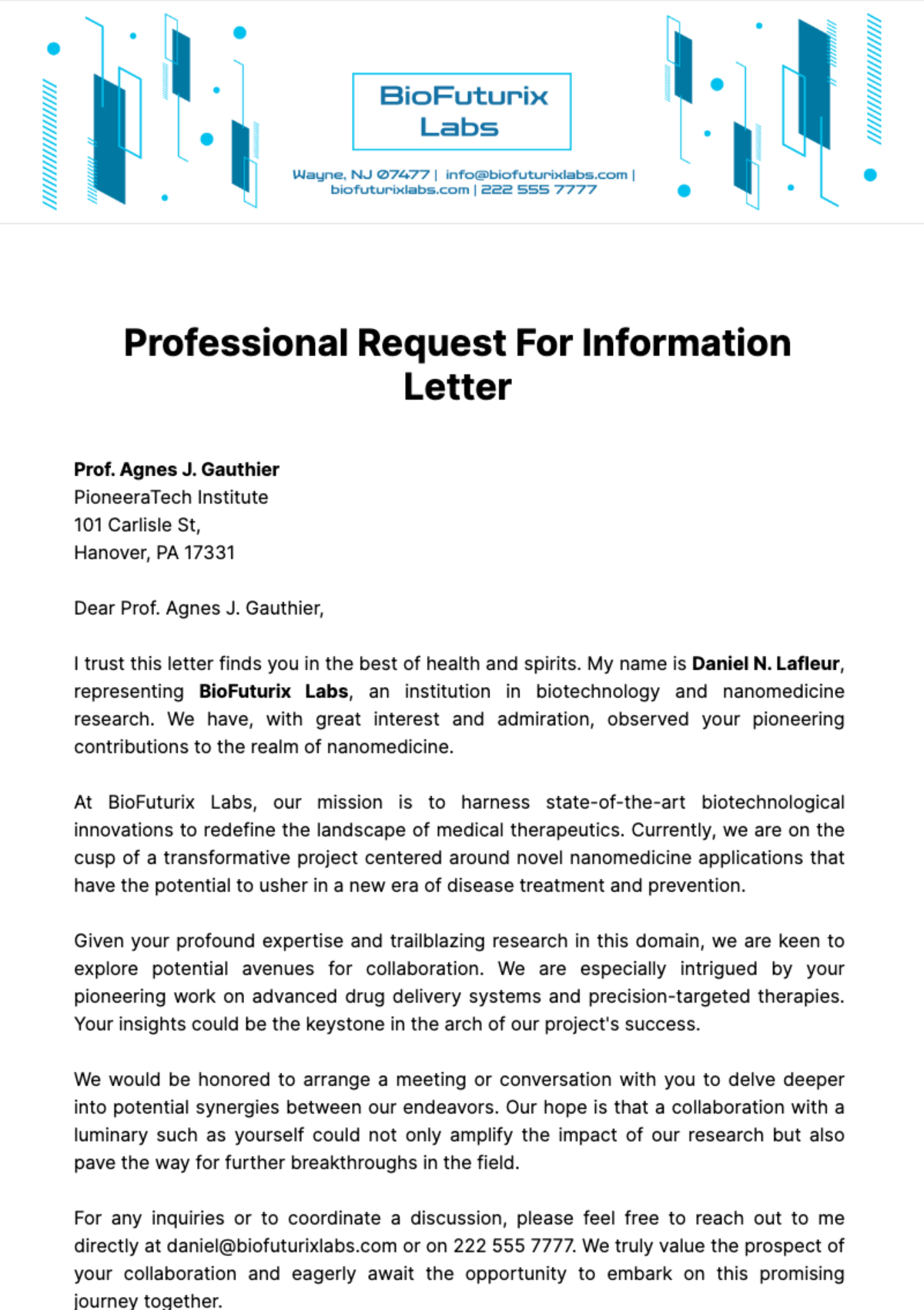 Professional Request For Information Letter Template