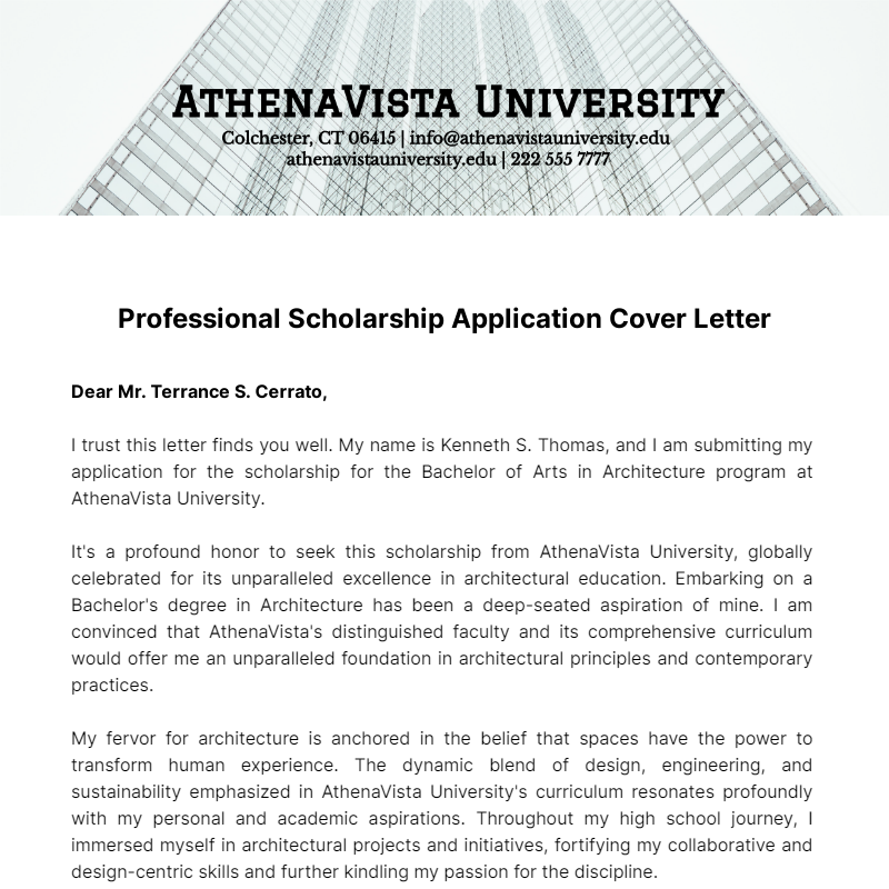 Professional Scholarship Application Cover Letter Template