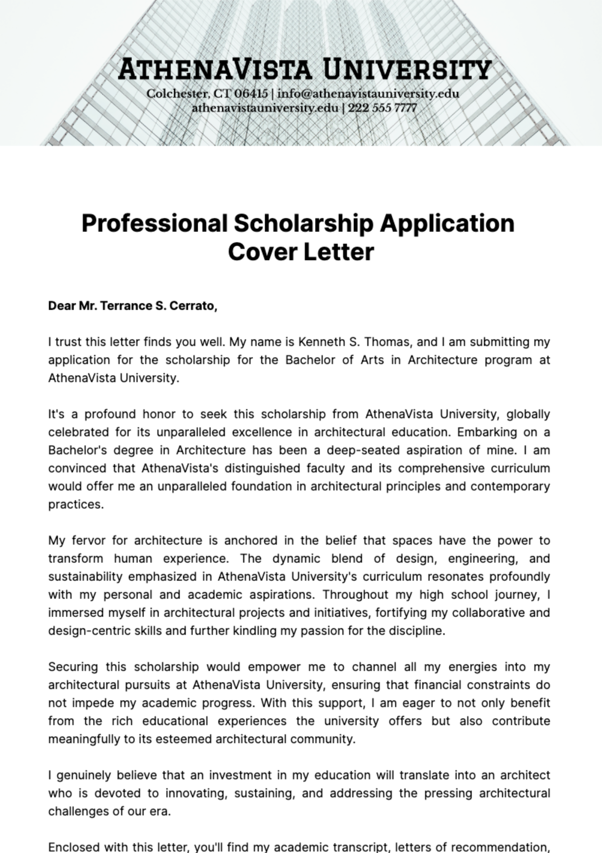 Free Professional Scholarship Application Cover Letter Template