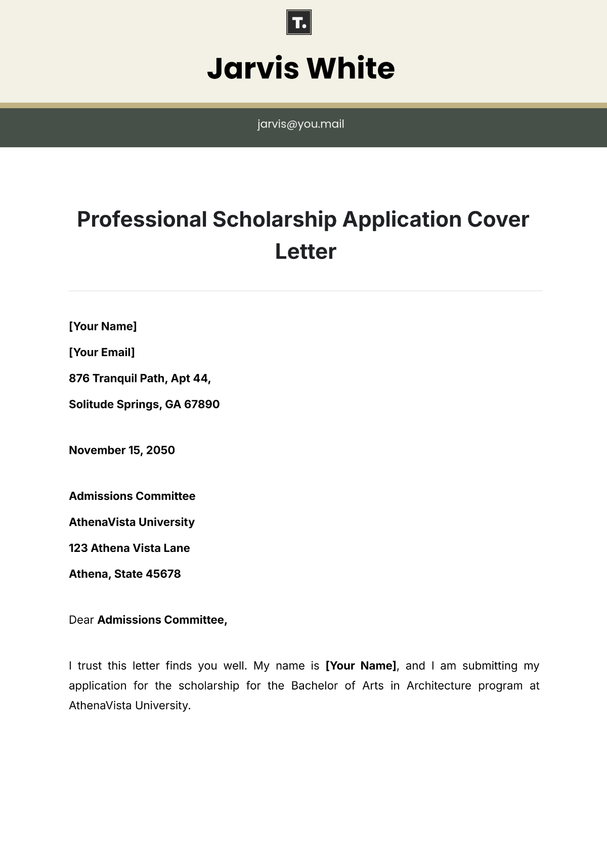 Professional Scholarship Application Cover Letter Template - Edit Online & Download