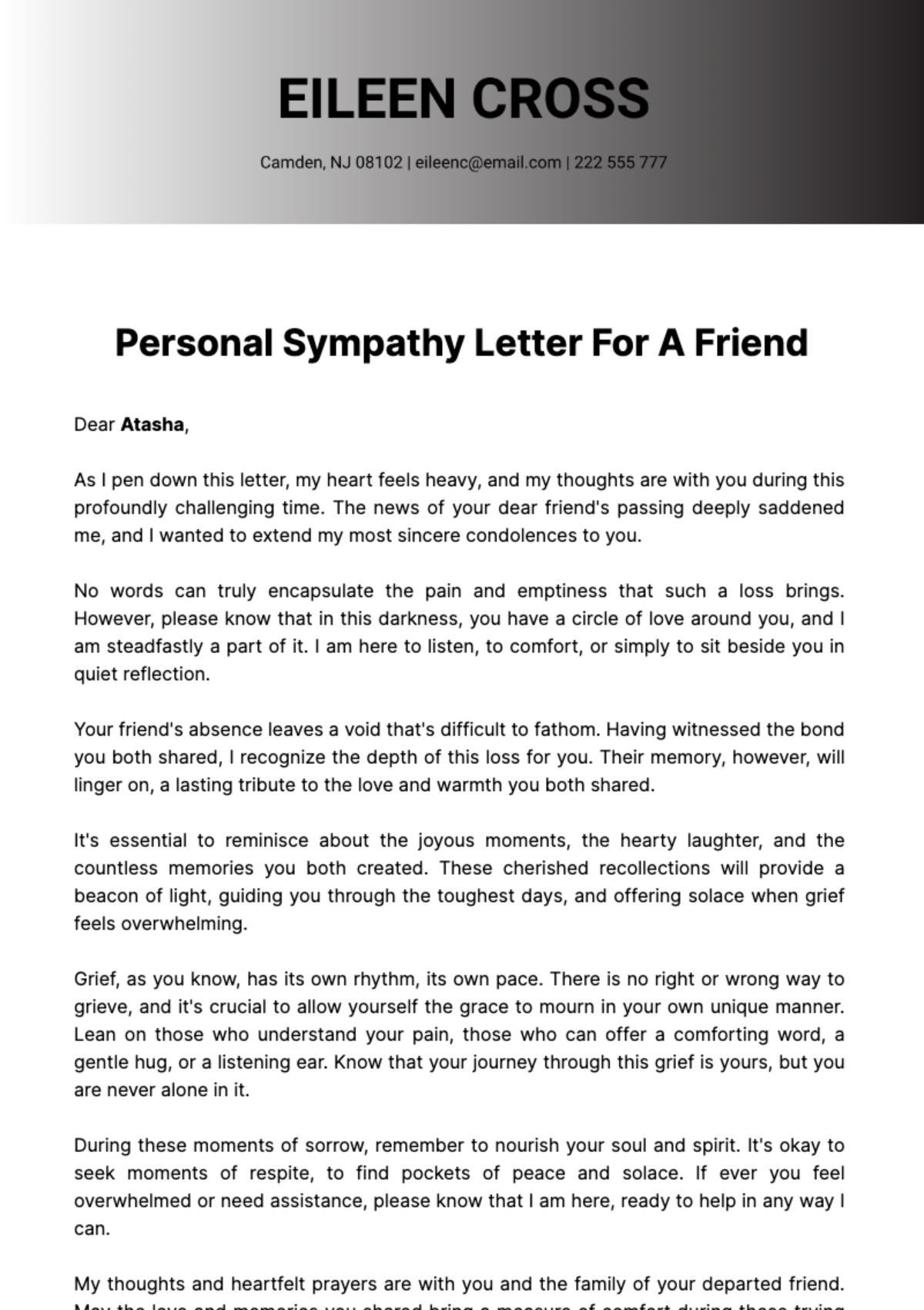 Personal Sympathy Letter For A Friend  Template