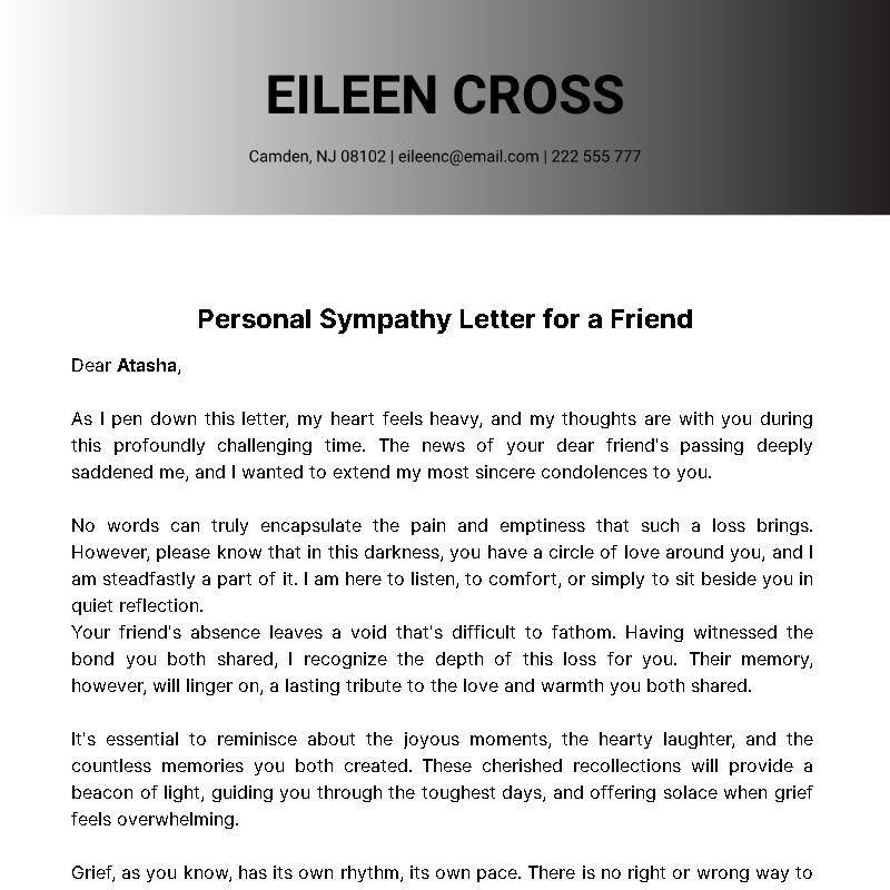 Personal Sympathy Letter for a Friend  Template - Edit Online & Download