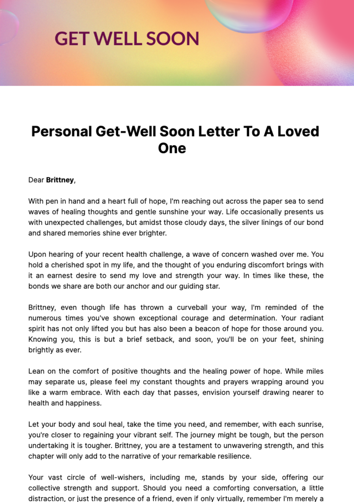 Free Personal Get-Well Soon Letter To A Loved One  Template 