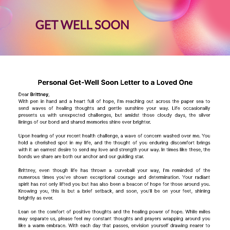 Personal Get-Well Soon Letter to a Loved One  Template