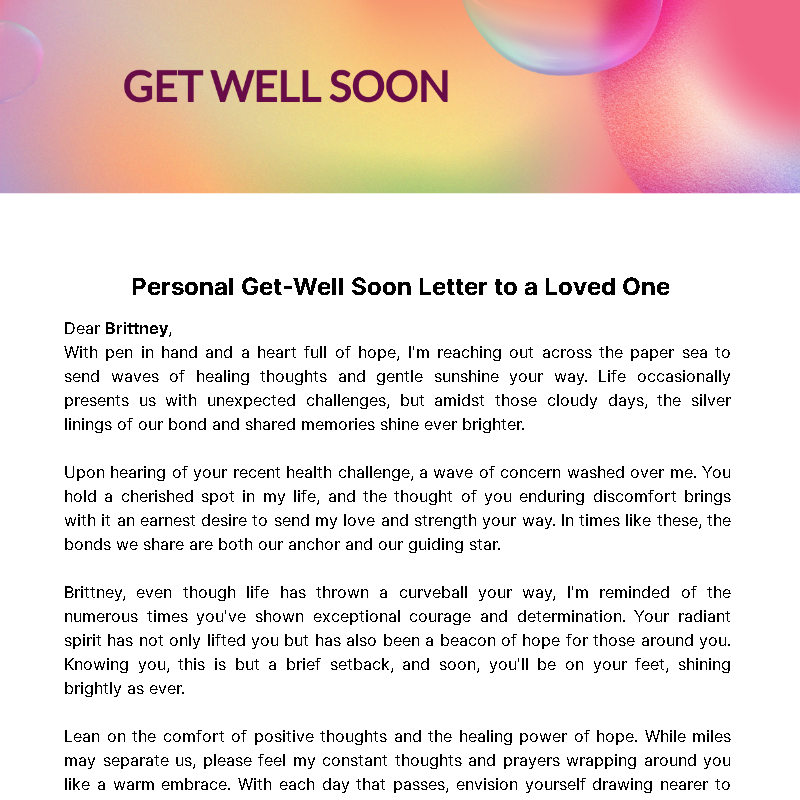 Personal Get-well Soon Letter To A Loved One Template - Edit Online 