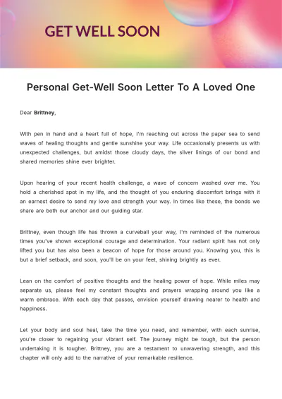 Free Personal Get-Well Soon Letter To A Loved One  Template  to Edit Online