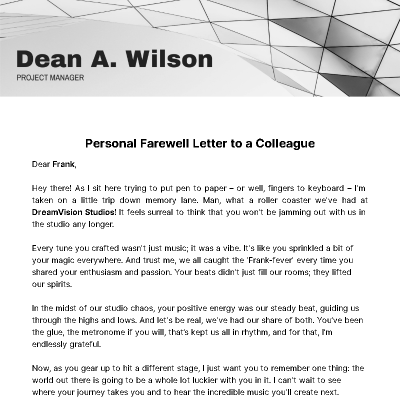 Personal Farewell Letter to a Colleague  Template