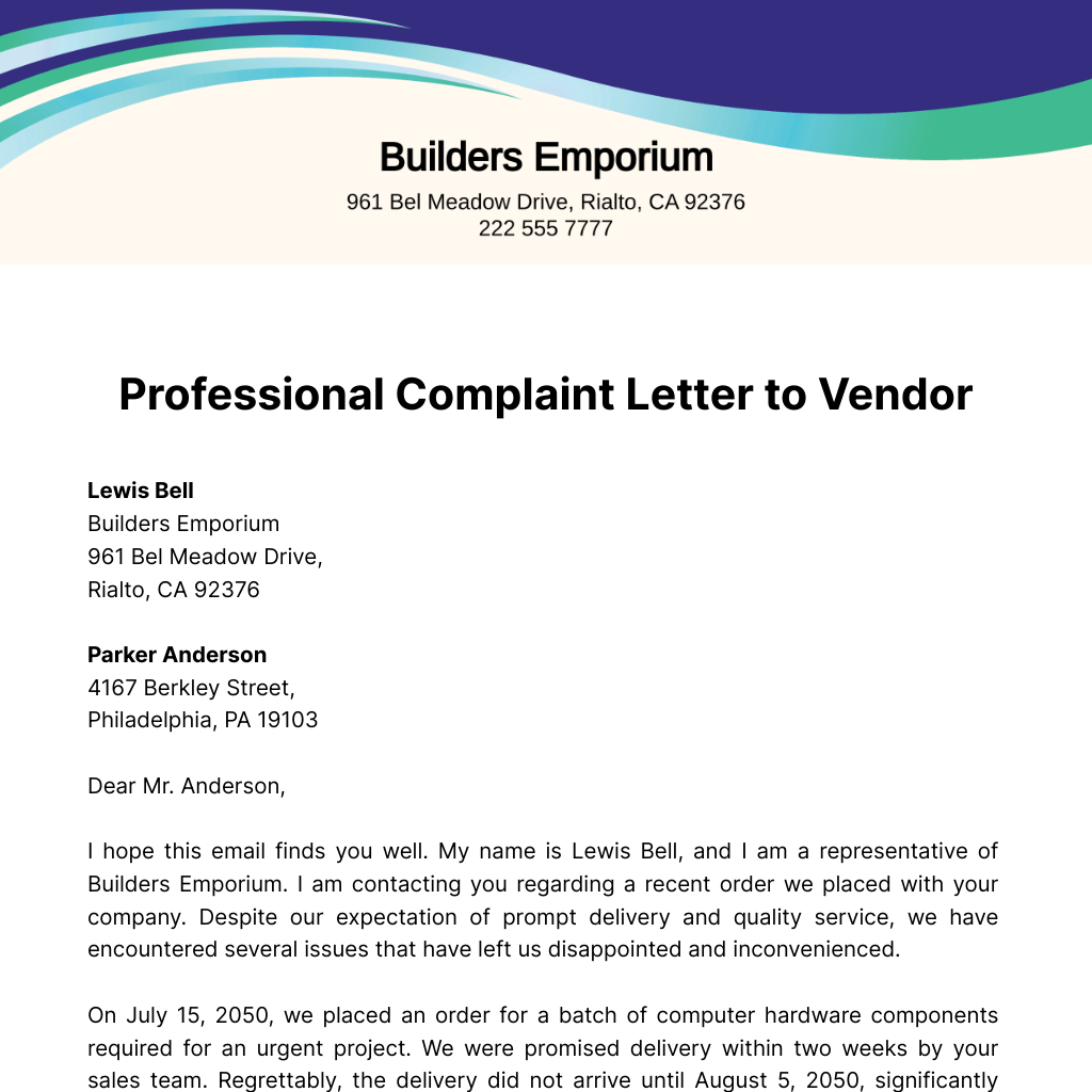 Professional Complaint Letter to Vendor  Template