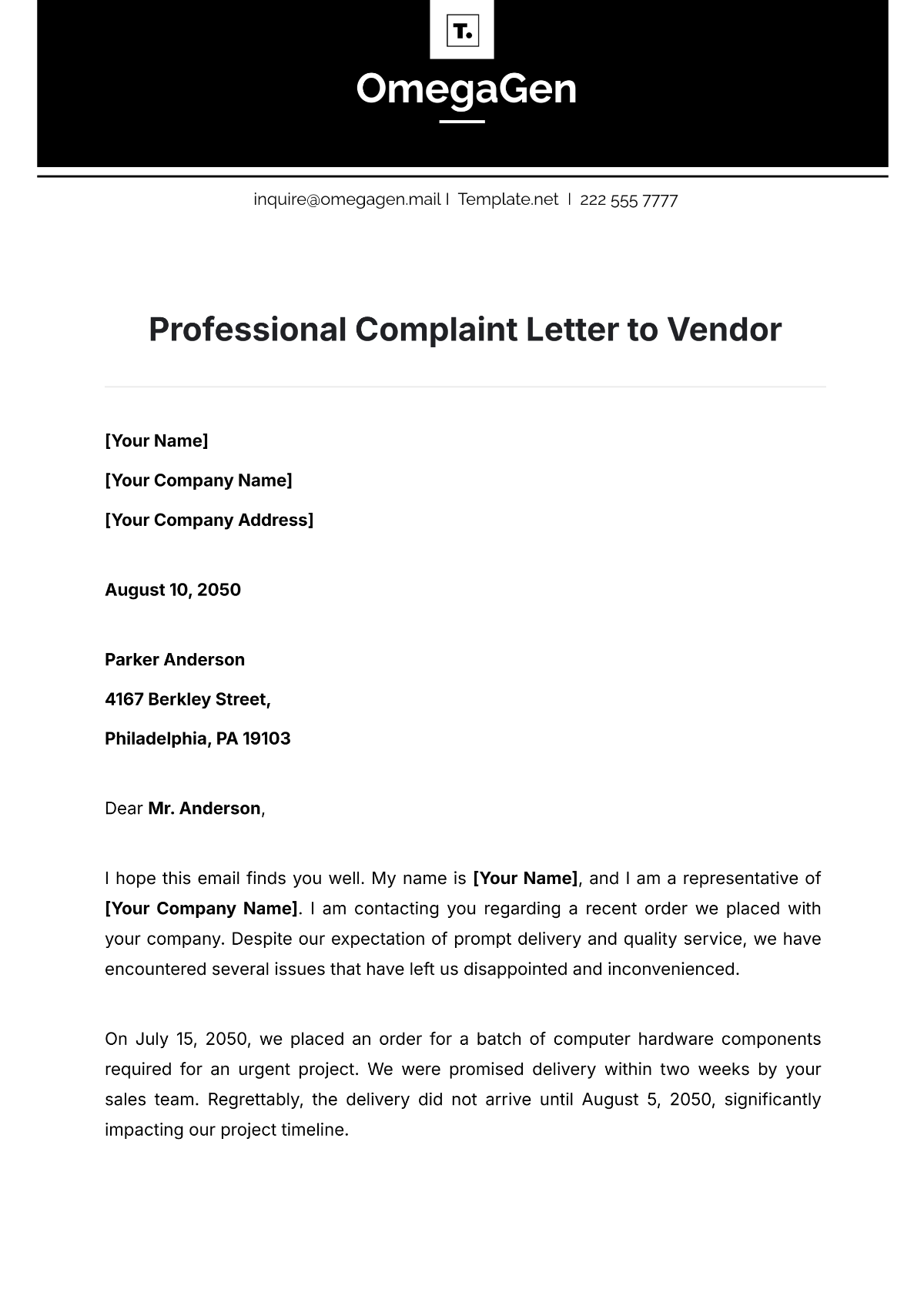 Professional Complaint Letter to Vendor Template - Edit Online & Download