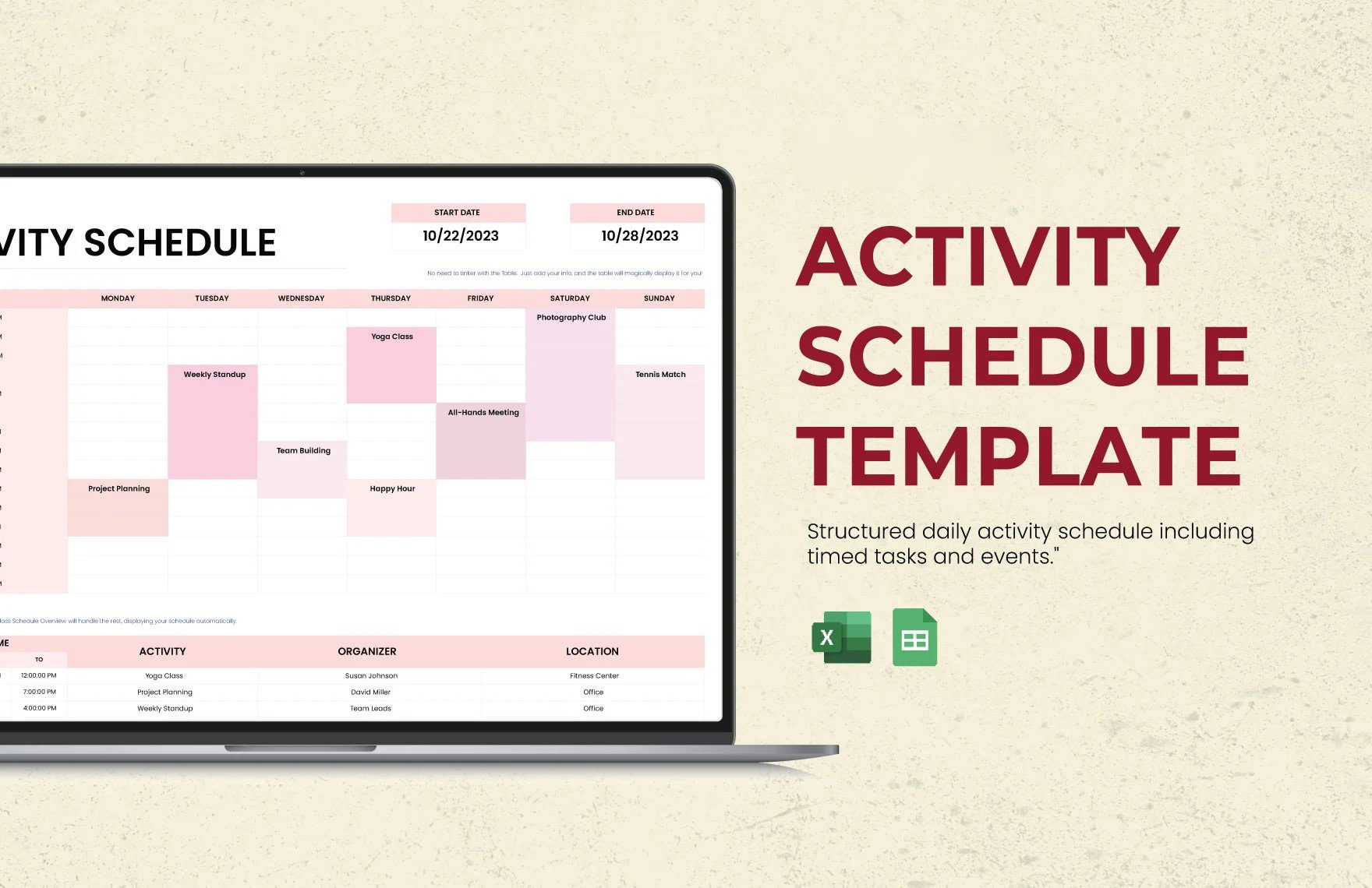 Free Activity Schedule Template in Excel, Google Sheets