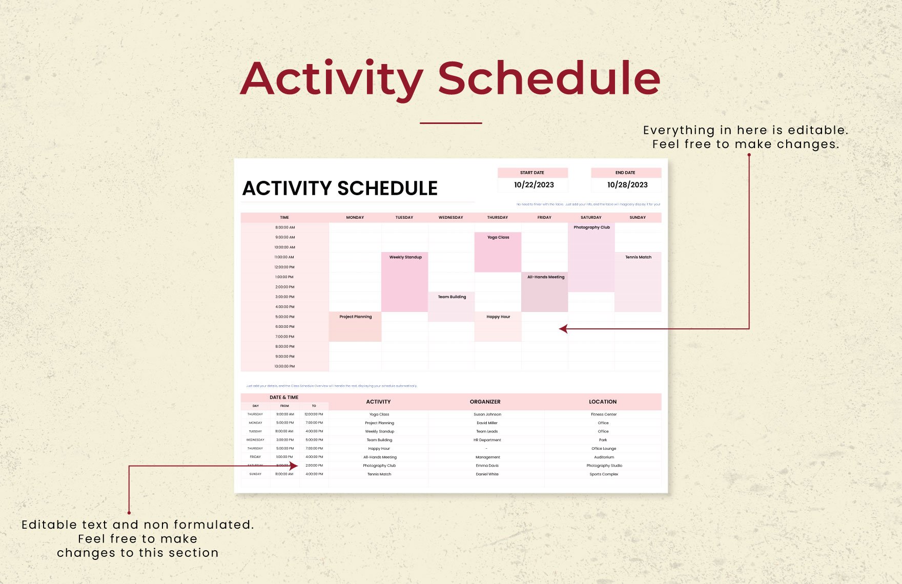Activity Schedule Template