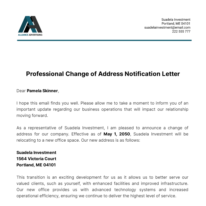 Professional Change of Address Notification Letter Template