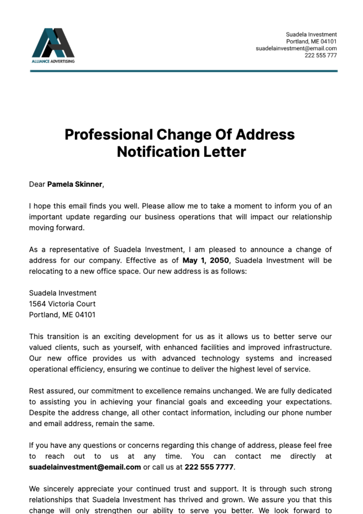 Free Professional Change of Address Notification Letter Template