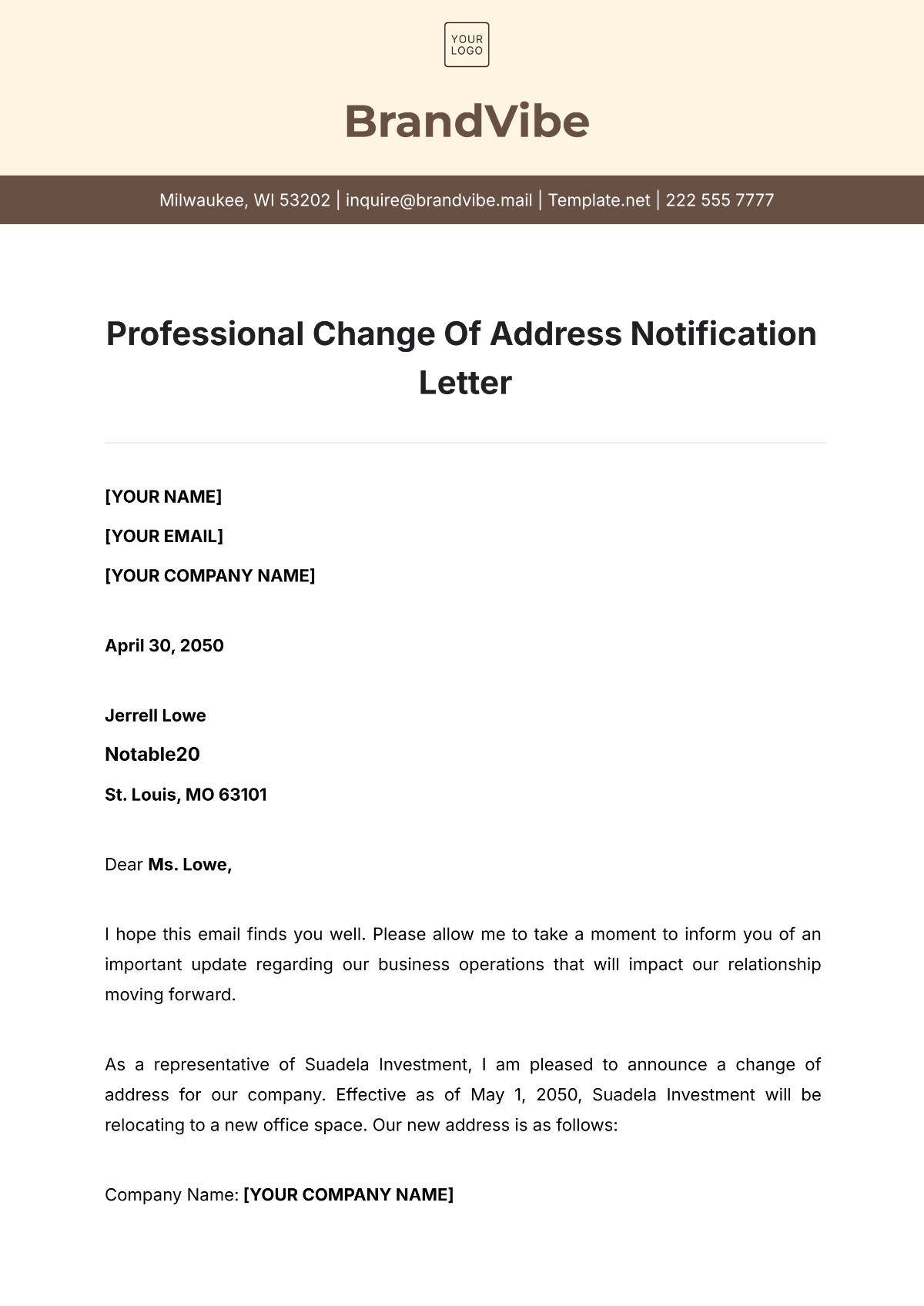 Professional Change of Address Notification Letter Template - Edit Online & Download