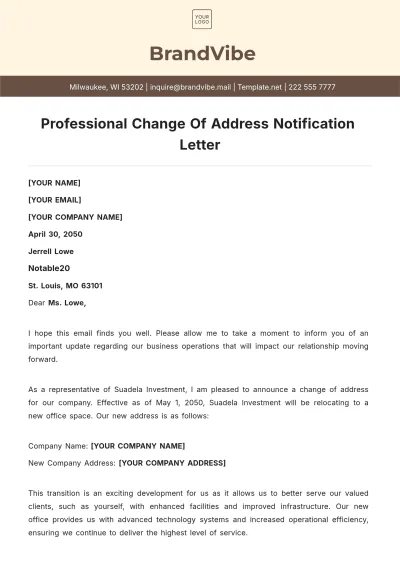 Free Professional Change of Address Notification Letter Template to Edit Online