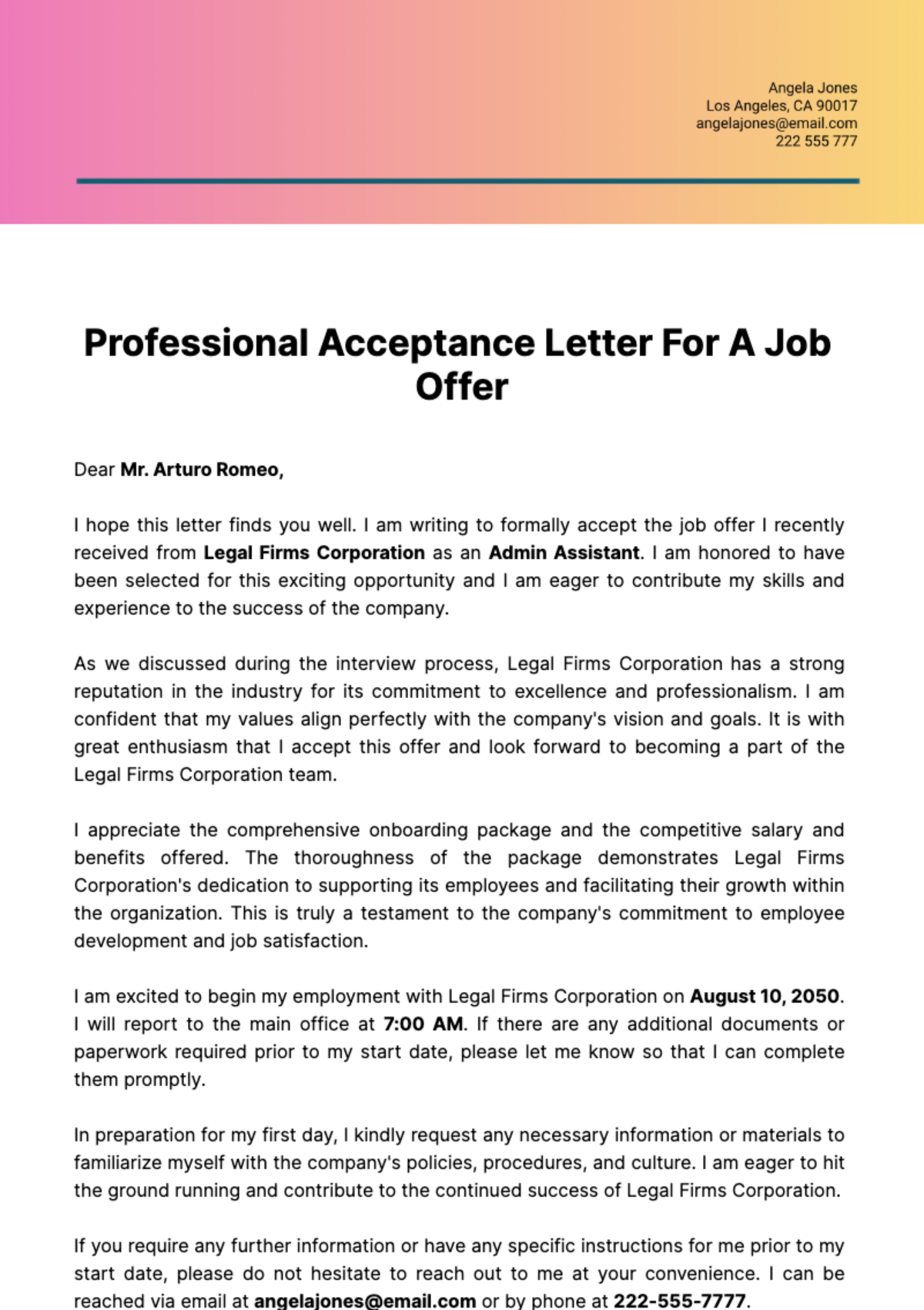 Free Professional Acceptance Letter for a Job Offer Template