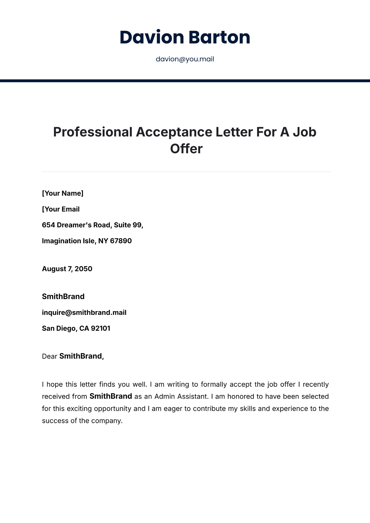 Professional Acceptance Letter for a Job Offer Template - Edit Online & Download