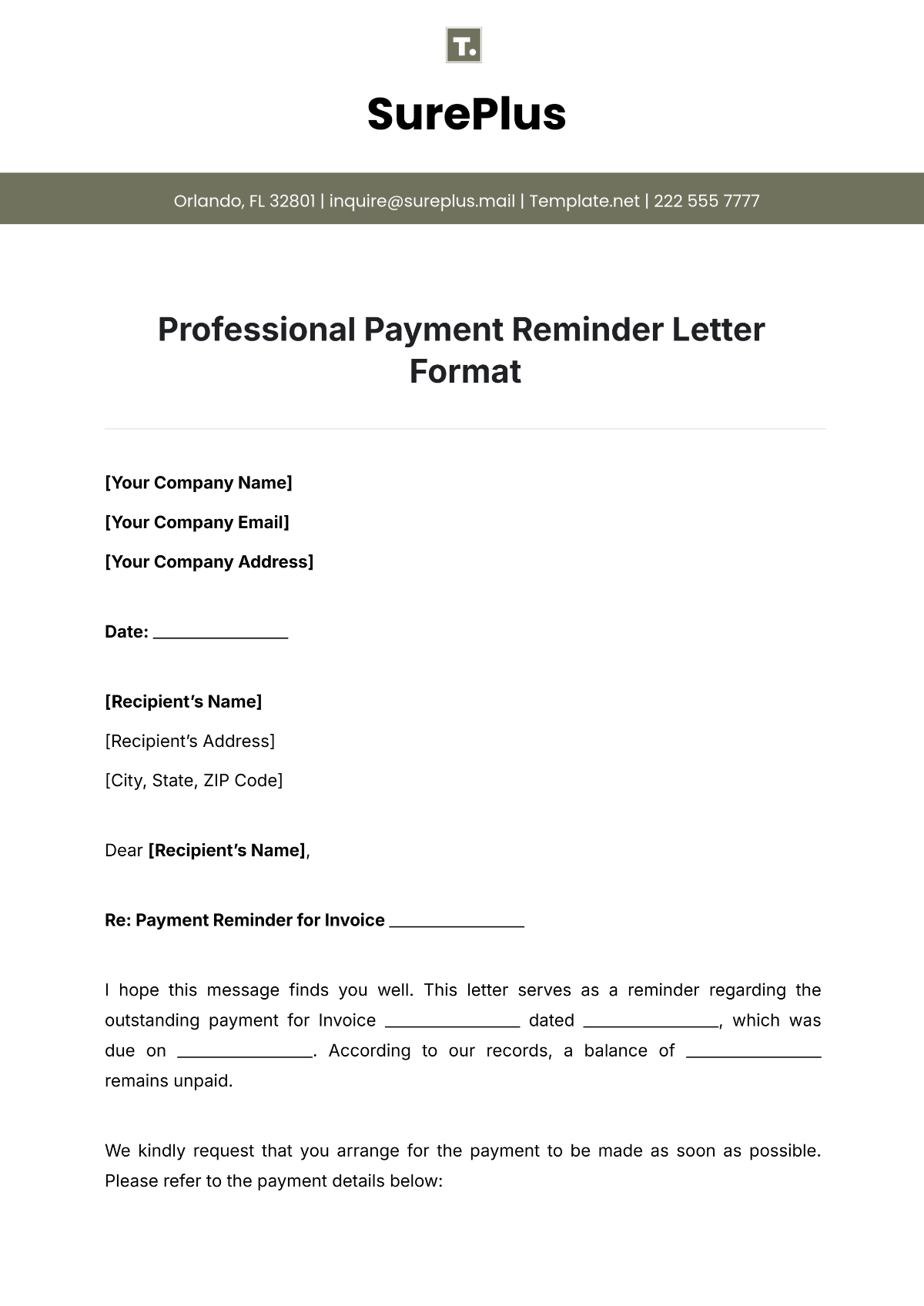 Professional Payment Reminder Letter Format Template - Edit Online & Download