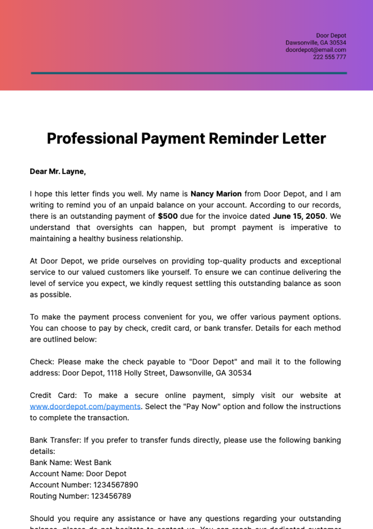 Professional Payment Reminder Letter Template