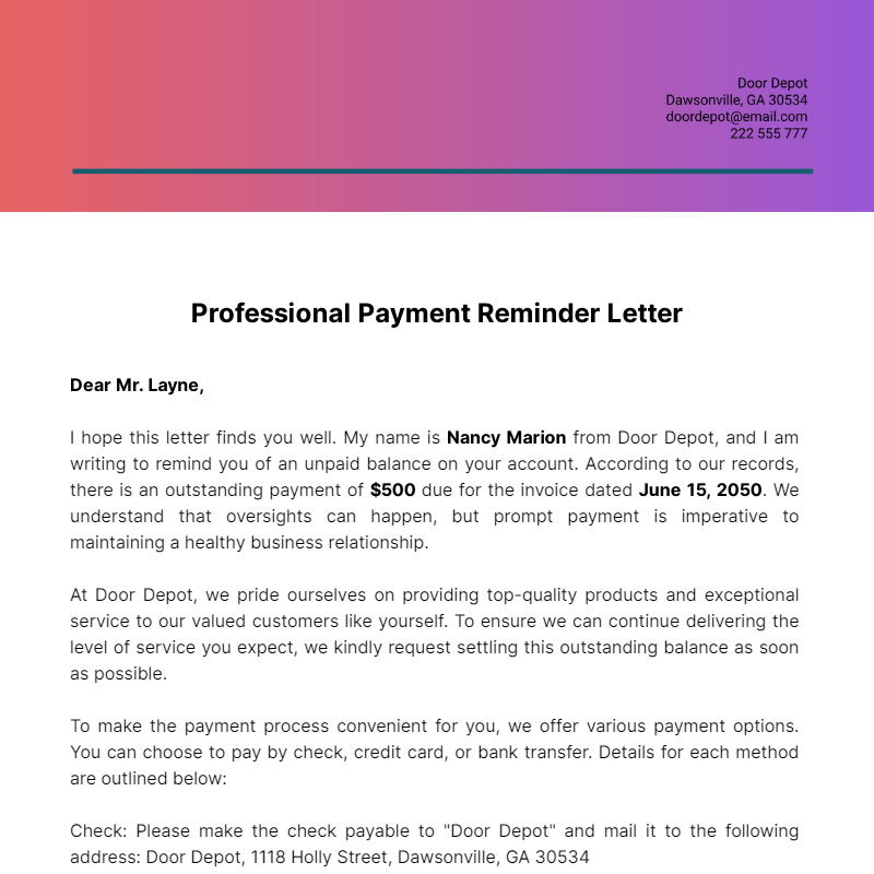 Professional Payment Reminder Letter Template