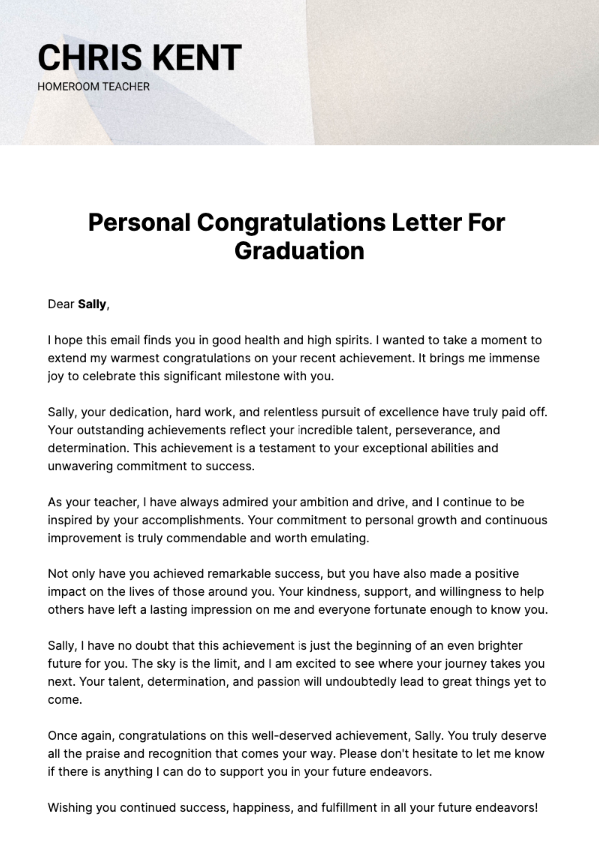 Personal Congratulations Letter for Graduation  Template