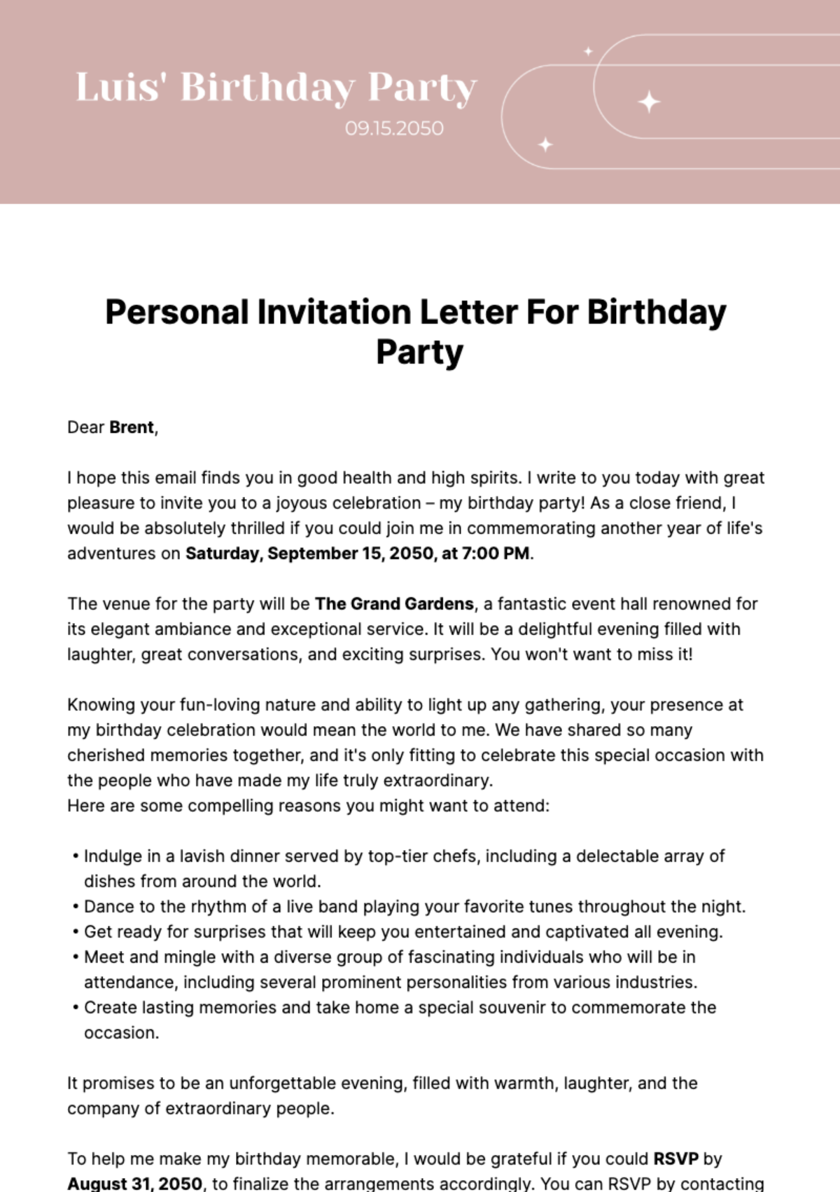 Free Personal Invitation Letter for Birthday Party  Template