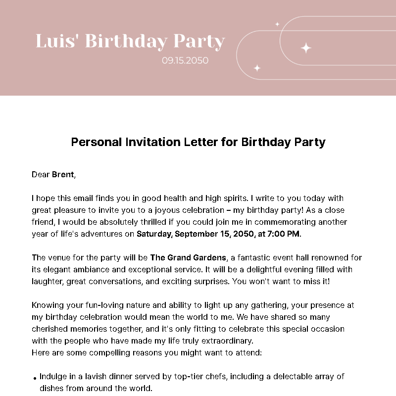 Personal Invitation Letter for Birthday Party  Template