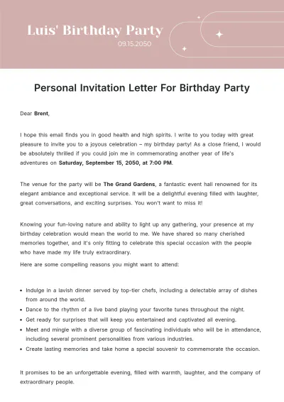 Free Personal Invitation Letter for Birthday Party  Template to Edit Online