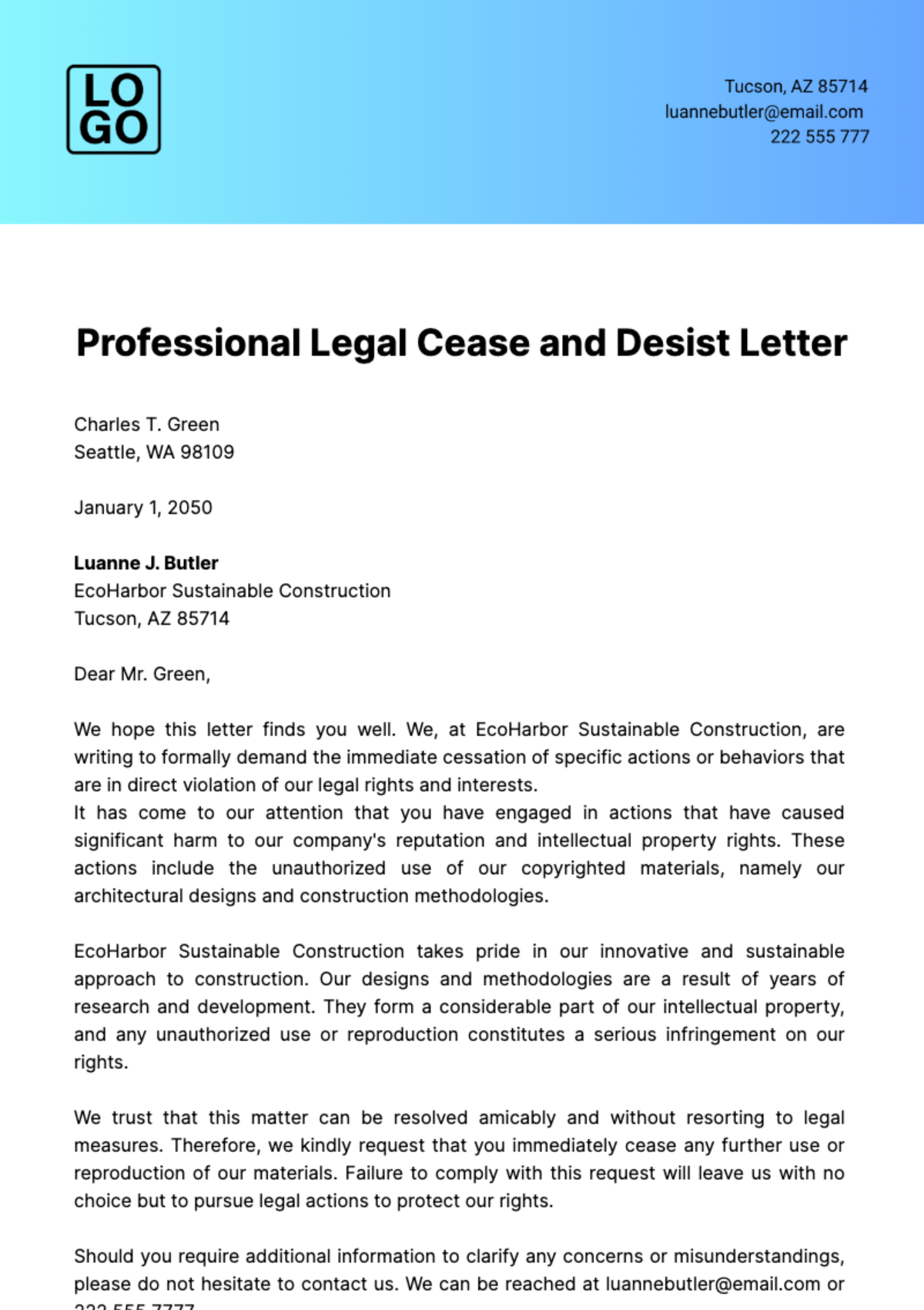 Professional Legal Cease and Desist Letter Template