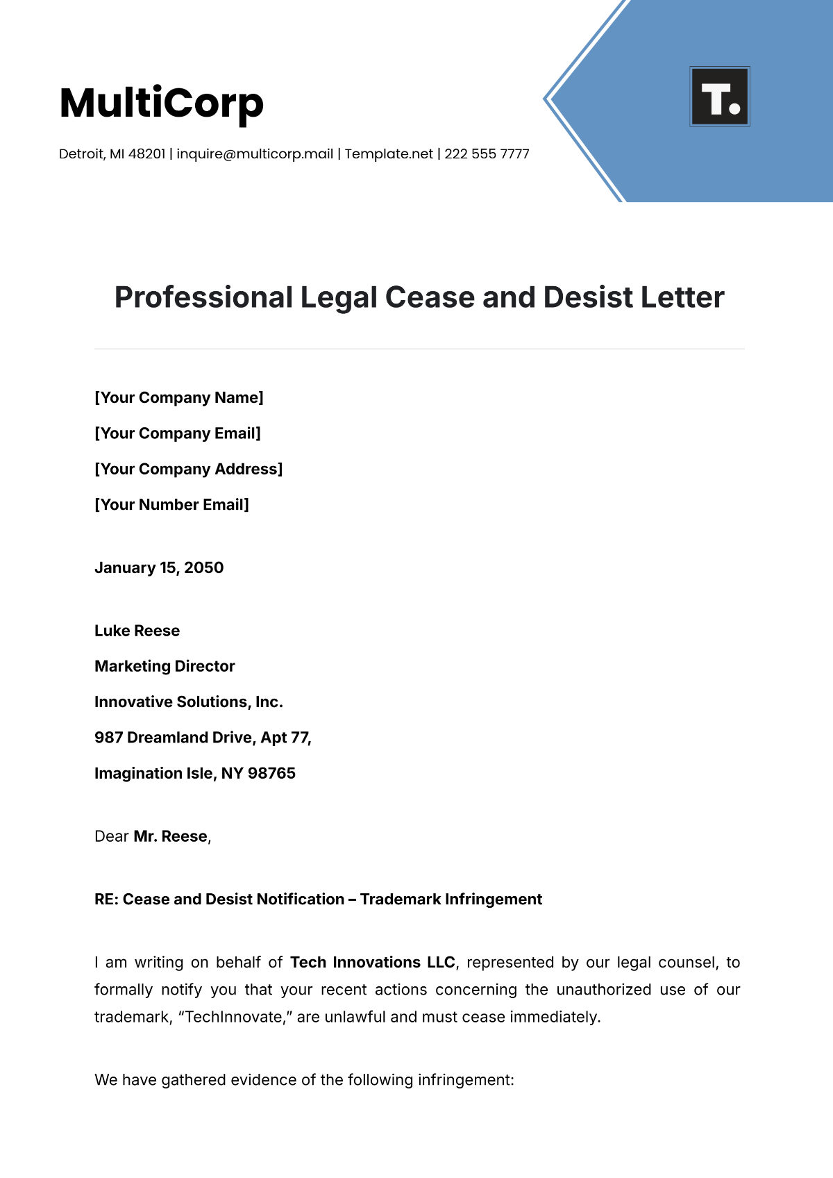 Professional Legal Cease and Desist Letter Template - Edit Online & Download